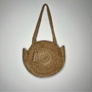 Made in India Braided Woven Jute Circle Boho Shoulder Tote Bag with Tassel